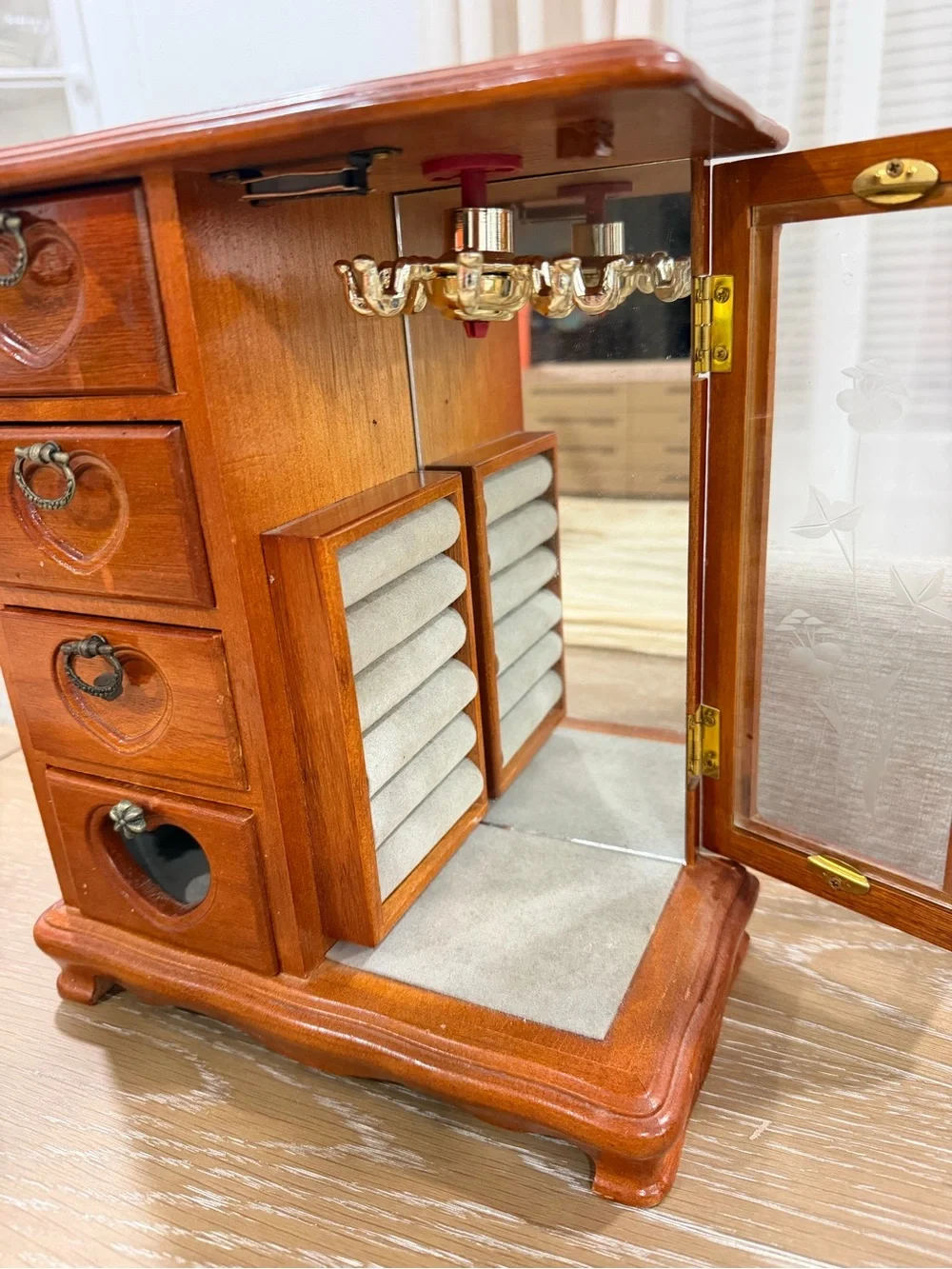 Vintage Wooden Jewelry Box With Heart Motif Glass Door and Velvet Storage drawer
